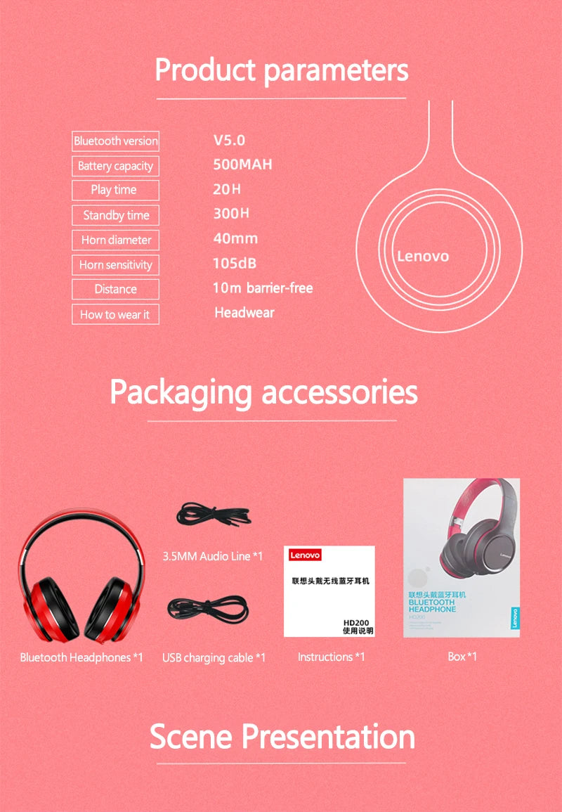 Lenovo HD200 Wireless Bluetooth Headphones