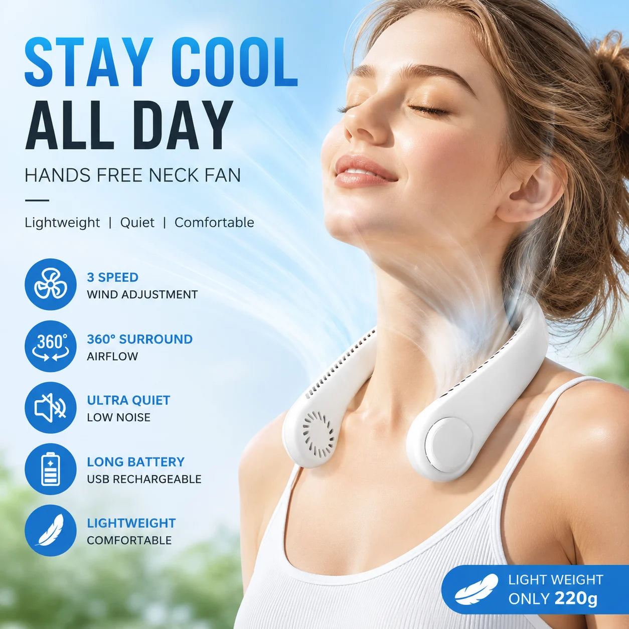 Portable Hands-Free Neck Fan – USB Rechargeable Bladeless Cooling Fan